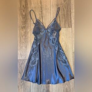 In Bloom Blue Satin and Lace Chemise with Floral Panels